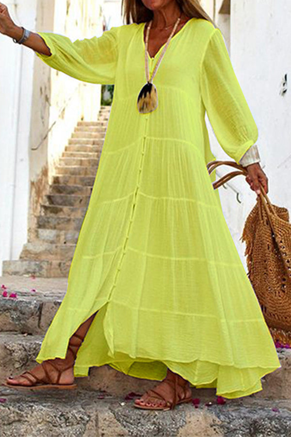 CM | Seraphina maxi vestido en mezcla de algodón y lino con cierre de botones