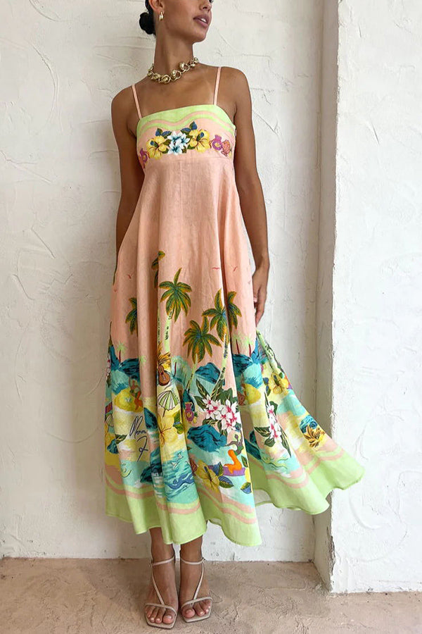 CM | Vestido midi con espalda fruncida y estampado tropical en mezcla de lino Coconut Scenery