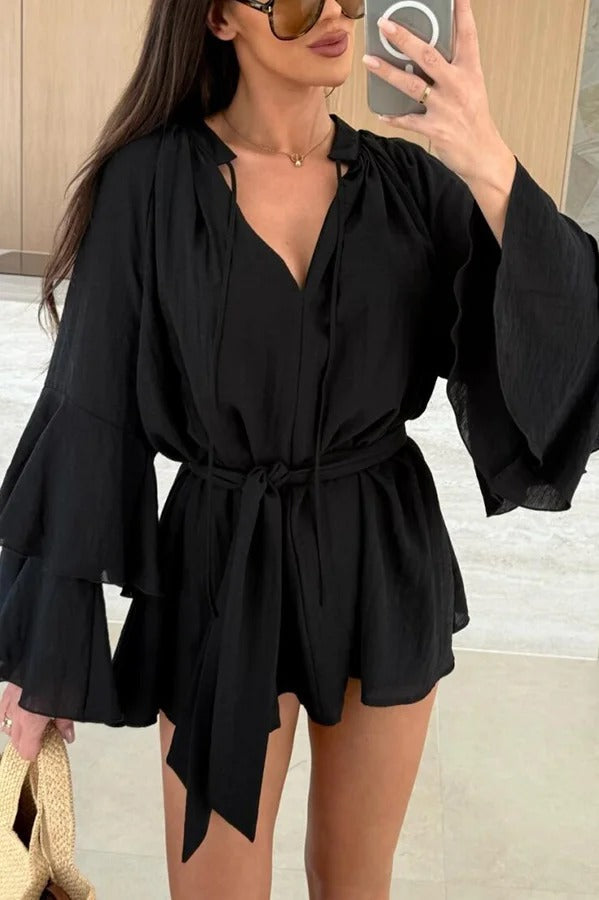 CM | Molly Lino Mezcla Tiered Bell Sleeve Tie-up Cover-up Mini Vestido