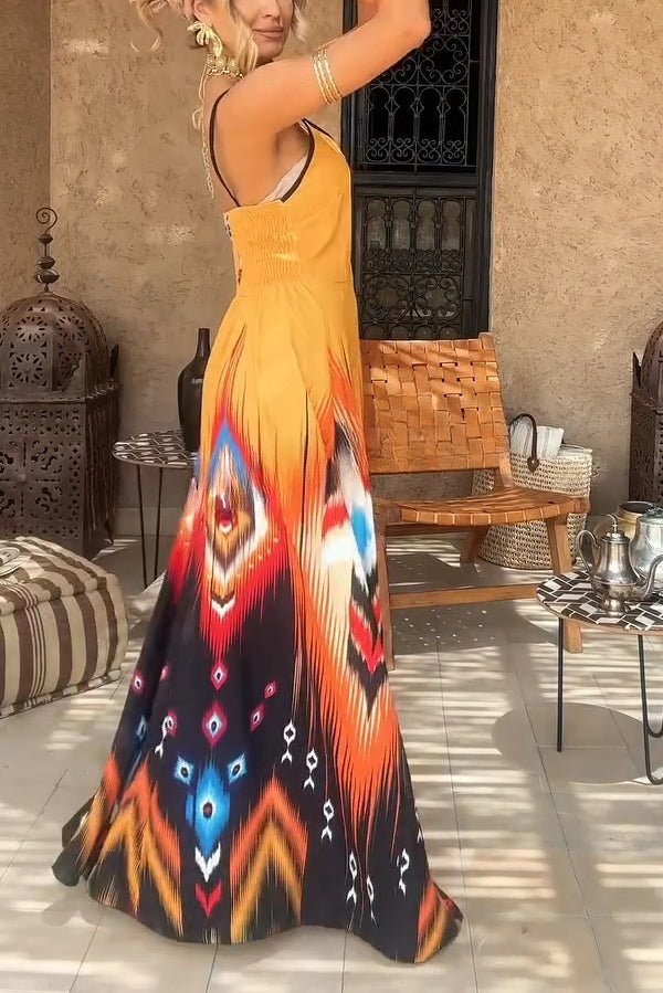 CM | Maxi Vestido Suelto con Tirantes en V y Estampado Único