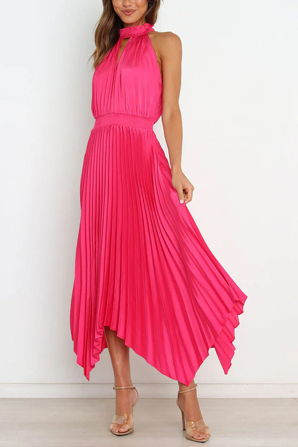 CM | Luxe Look Satén Plisado Halter Cintura Elástica Vestido Midi