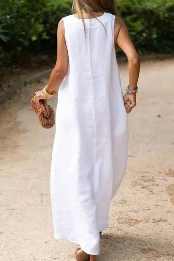 CM | Vestido largo sin mangas de algodón y lino blanco con un profundo escote en V