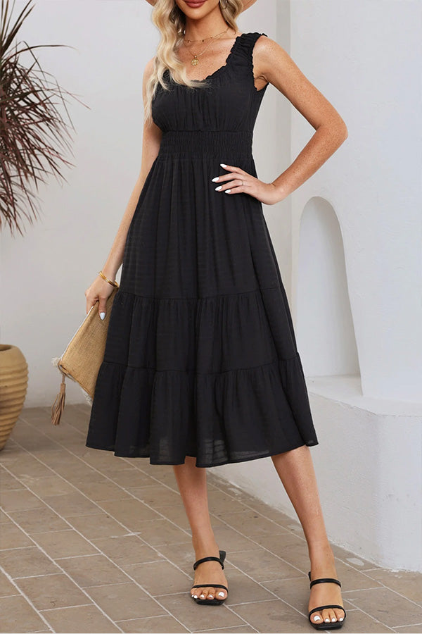 CM | Vestido midi negro sin mangas con volantes y escote en U