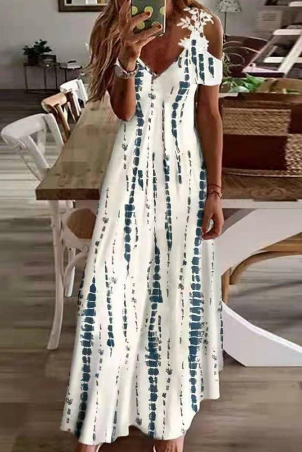 CM | Viana maxi vestido estampado de encaje de color contrastado con mangas rectas