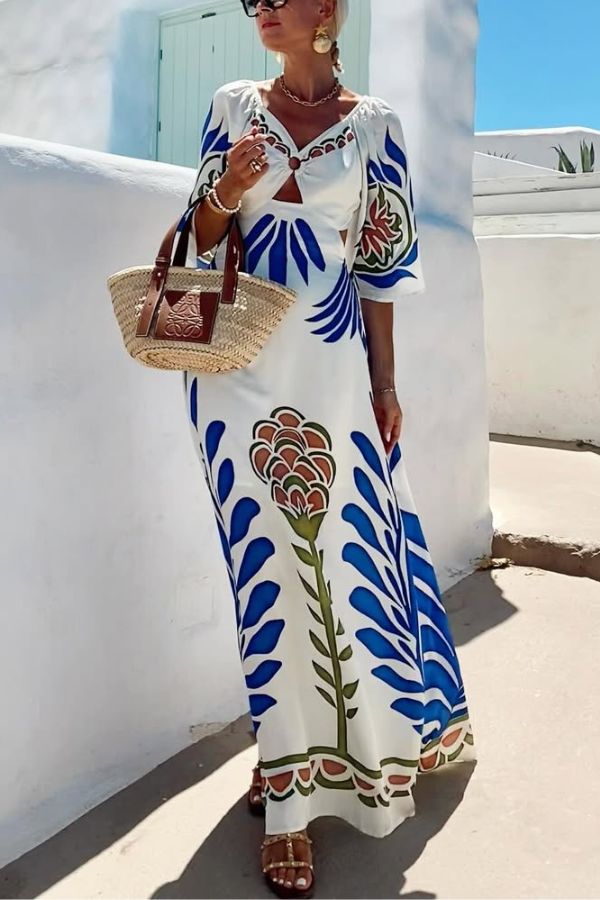 CM | Mezcla de lino estampado único Cuello en V Espalda Hueca Encaje Libre Maxi Vestido de Vacaciones