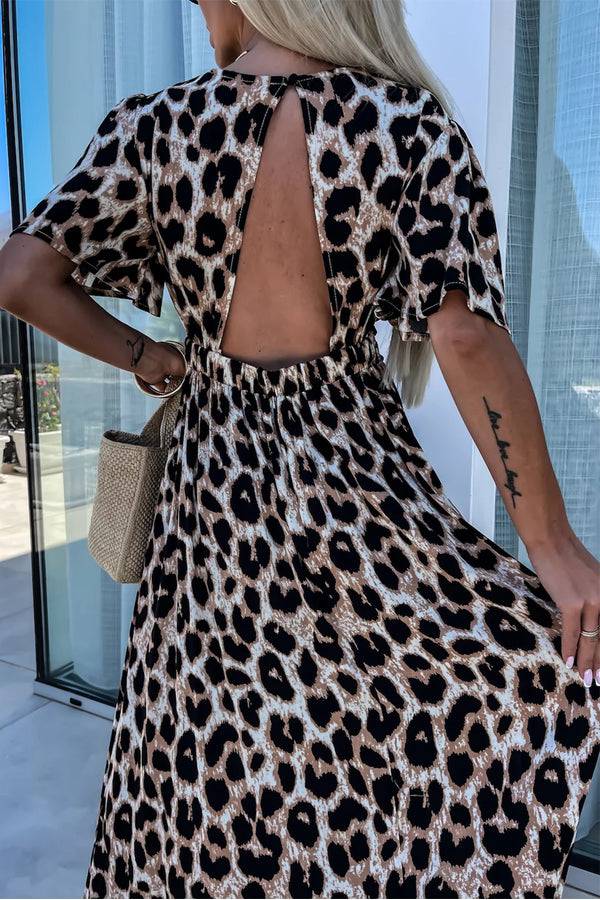CM | Leopardo Caqui Cuello en V Cintura Alta Espalda Abierta Maxi Vestido