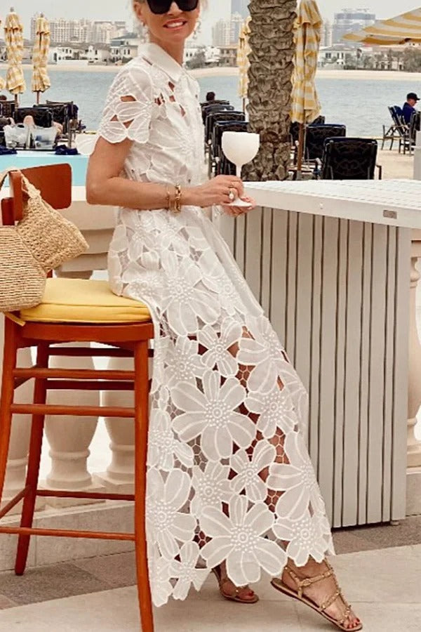 CM | Dubai Estilo Floral Crochet Encaje Manga Corta Atado Camisa Maxi Vestido