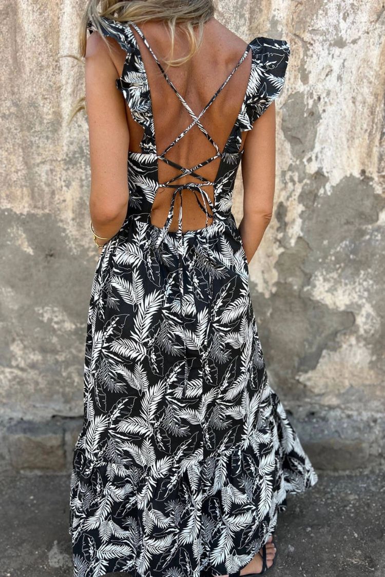 CM | Elegante maxi vestido con mangas de volantes y estampado de plumas de corbata hueca