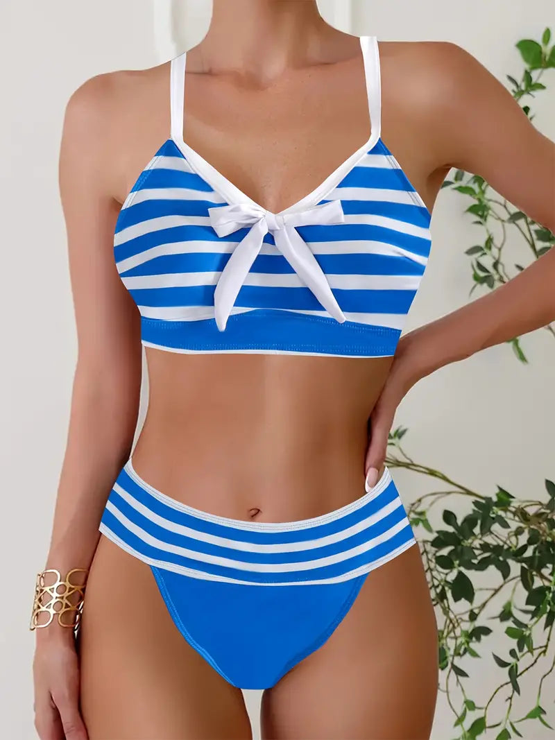CM | Bikini sexy con estampado de rayas y nudo en V