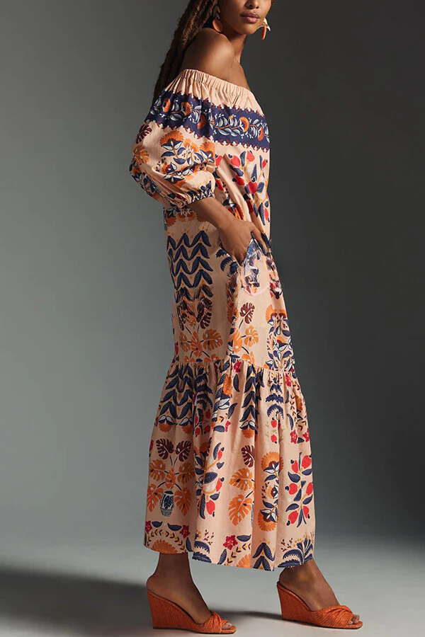CM | Island Lover Vestido midi estampado con hombros al aire
