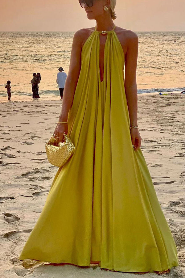 CM | Diosa Griega Inconfundible Dorado Cuello Halter Línea A Maxi Vestido