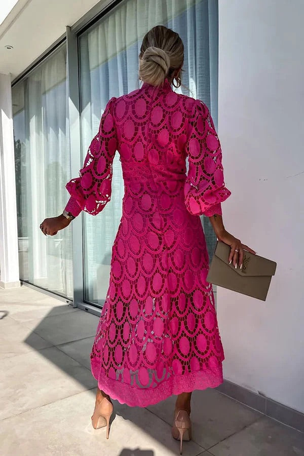 CM | Romántico, Sensual y Elegante Vestido Midi de Encaje de Crochet con Manga Farol de Fiesta