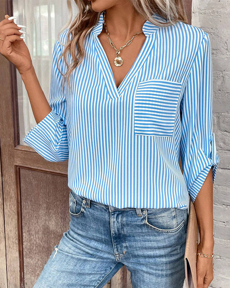 CM | Blusa casual con cuello en V y estampado de rayas