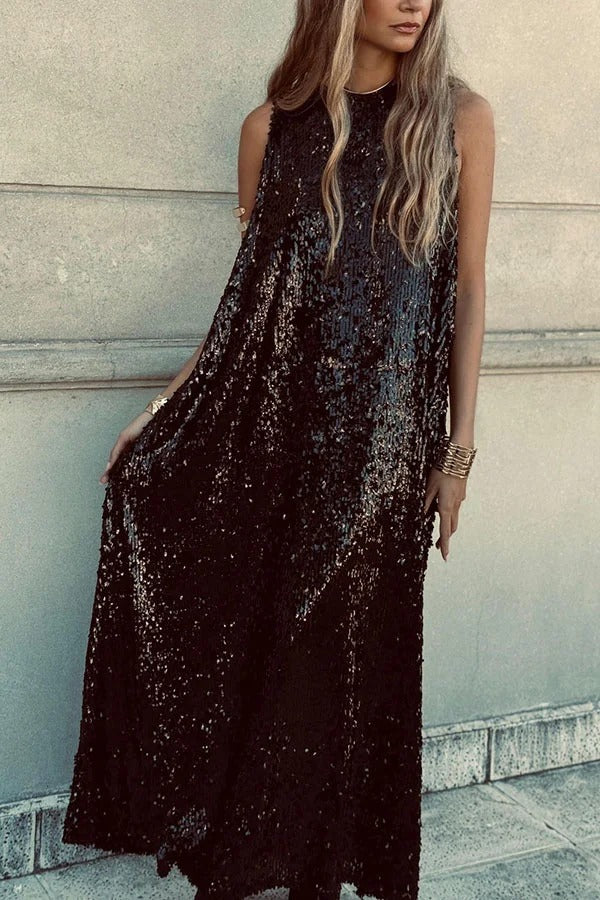 CM | Twas The Night Lentejuelas Cuello Redondo Sin Mangas Drapeado Suelto Maxi Vestido