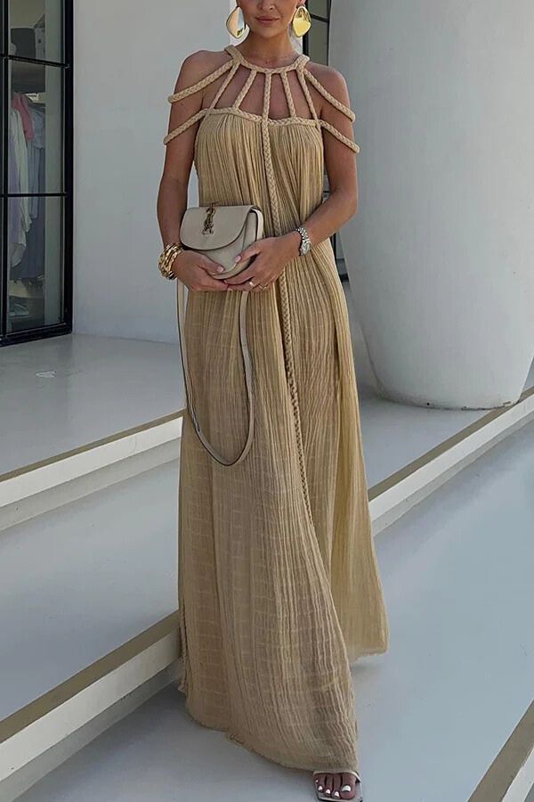 CM | Moderno y Sofisticado Maxi Vestido de Trenzas Drapeadas en Mezcla de Lino