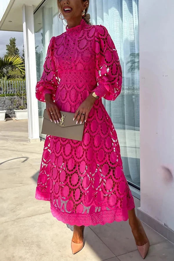 CM | Romántico, Sensual y Elegante Vestido Midi de Encaje de Crochet con Manga Farol de Fiesta