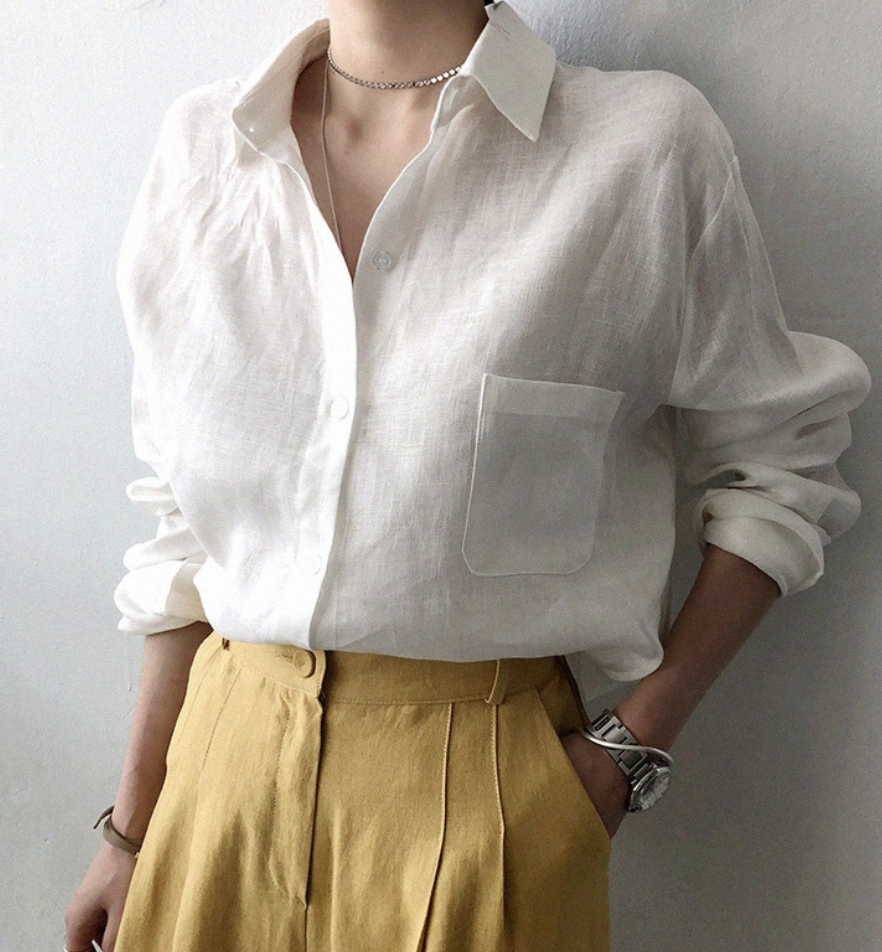 CM señoras camisa de algodón primavera suelta liso cuello camisa blusa casual