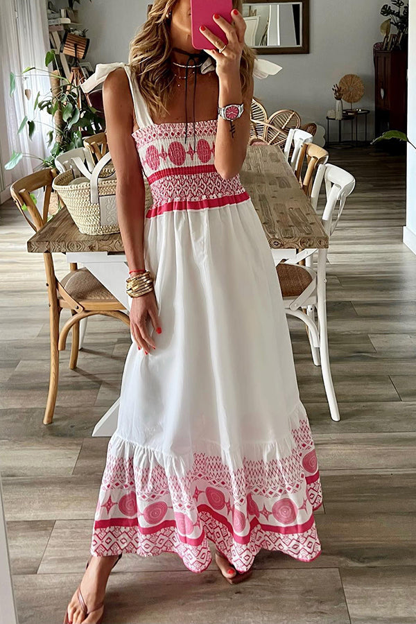 CM | Malibu Villa maxi vestido estampado étnico con hombros fruncidos