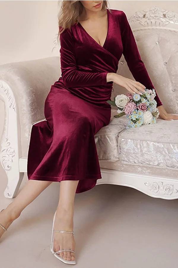 CM | Terciopelo Sólido Manga Larga Cuello en V Slim Fit Fishtail Maxi Vestido