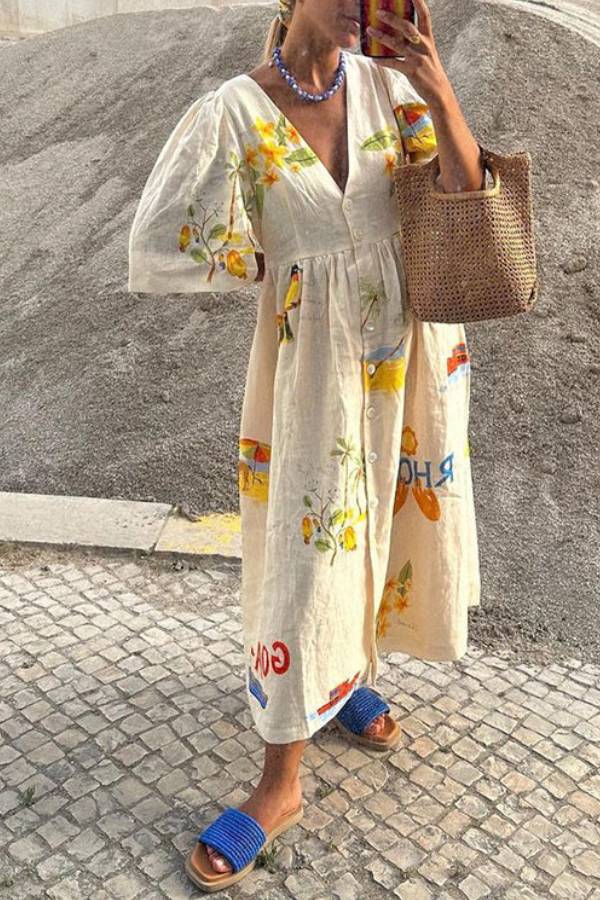CM | Vestido midi de lino estampado