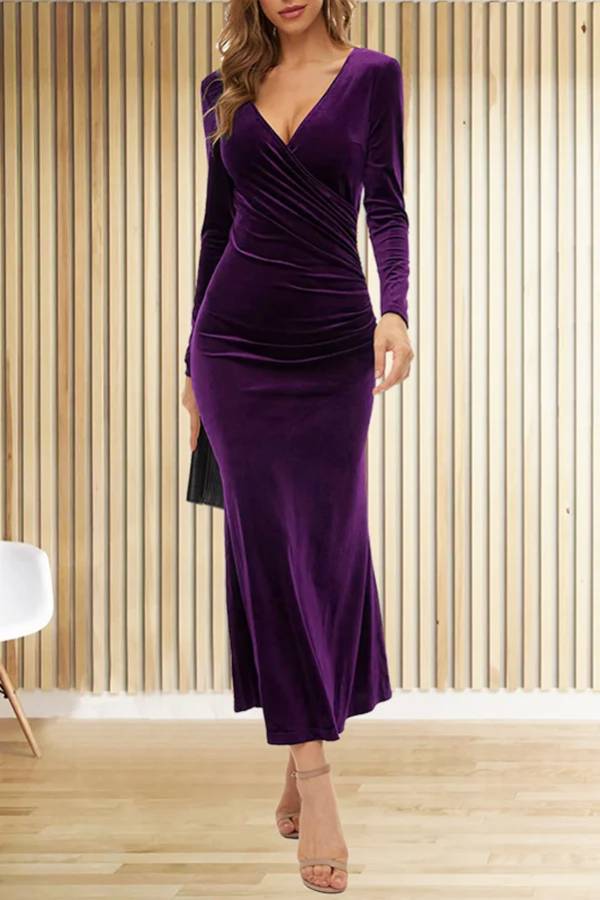 CM | Terciopelo Sólido Manga Larga Cuello en V Slim Fit Fishtail Maxi Vestido