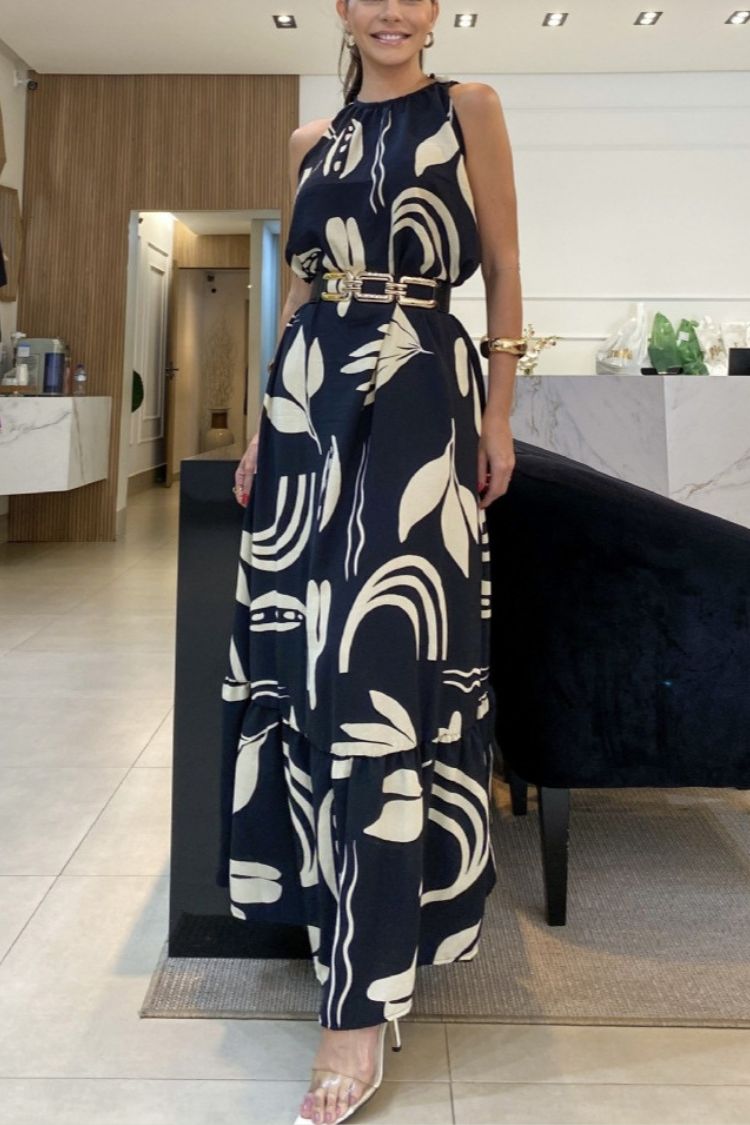 CM | Escote redondo Vestido maxi estampado sin mangas
