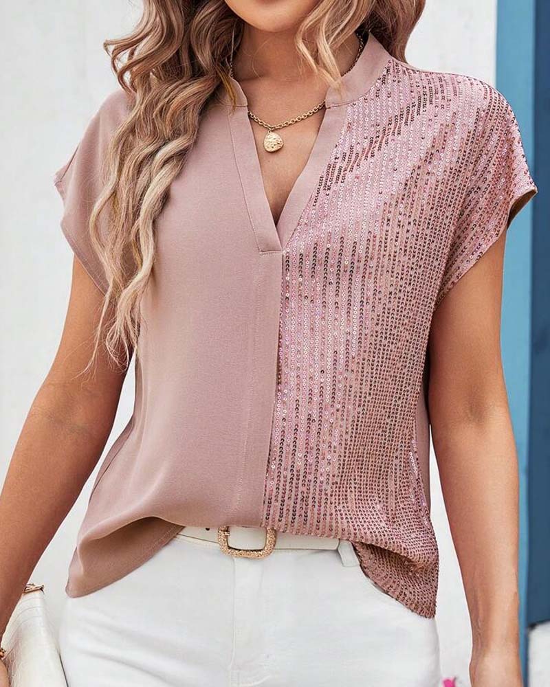 CM | Blusa casual con cuello en V, manga corta y lentejuelas