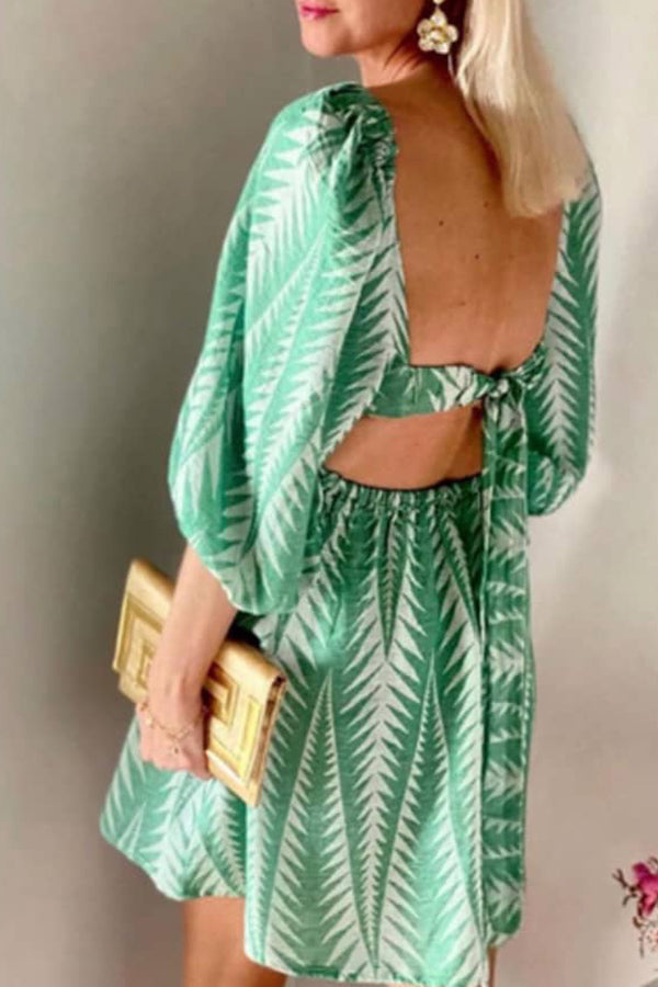 CM | verano verde lino mezcla estampado étnico mangas globo espalda lace-up mini vestido