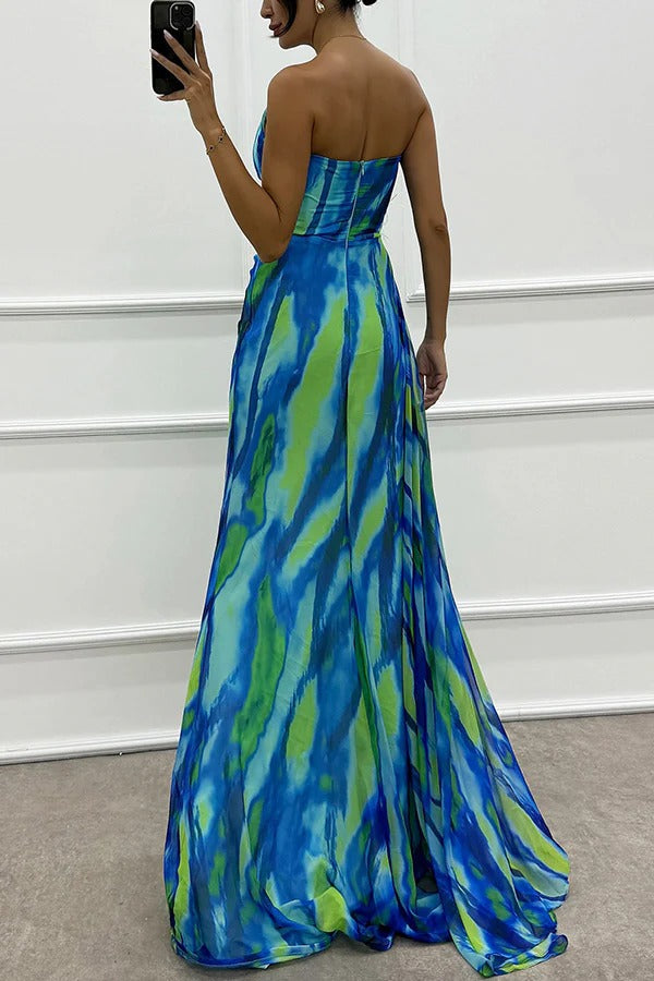 CM | Amazing Views Acuarela Imprimir Pluma Rosa Detalle Off Shoulder Plisado Hendidura Maxi Vestido