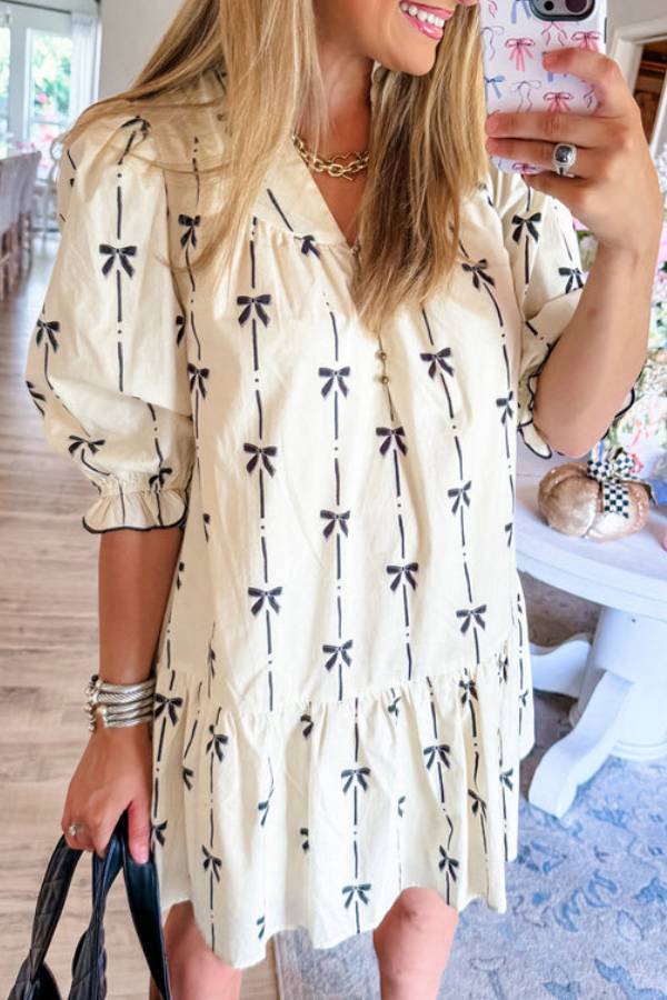 CM | Beige Lindo Lazo Impreso Burbuja Manga V-Cuello Mini Vestido