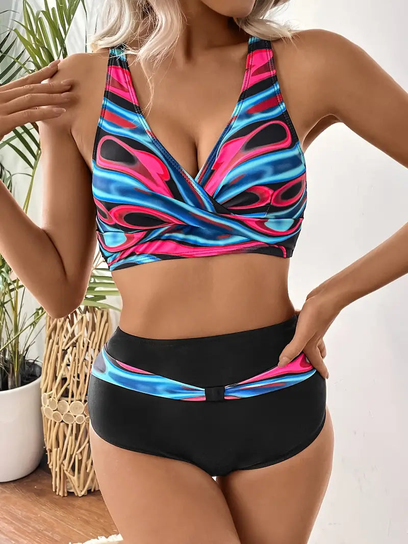 CM | Bikini con cuello en V y estampado aleatorio chic y a la moda