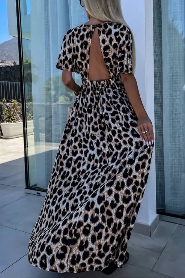 CM | Leopardo Caqui Cuello en V Cintura Alta Espalda Abierta Maxi Vestido