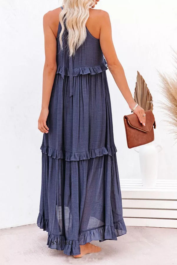 CM | Vittoria Vestido maxi halter fruncido con volantes