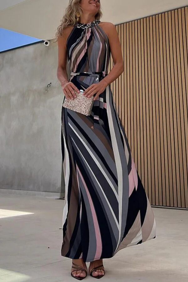 CM | Flowing Elegance Líneas de Colores Estampado Cinturón Halter Maxi Vestido