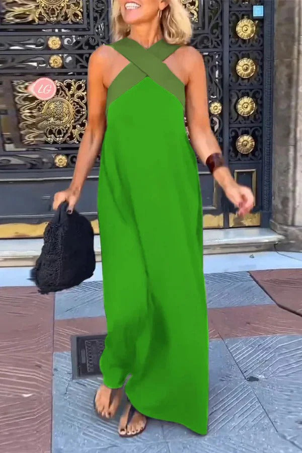 CM | Elegante maxi vestido cruzado sin espalda y sin mangas