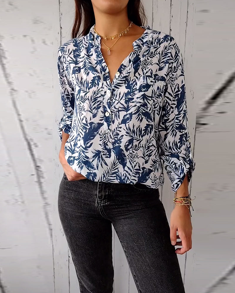 CM | Blusa casual con botones y estampado de hojas con cuello en V y mangas nueve cuartos
