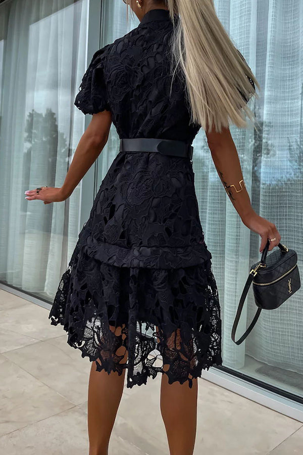 CM | Absolutamente Elegante Floral Crochet Encaje Puff Manga Cinturón Camisa Vestido Midi