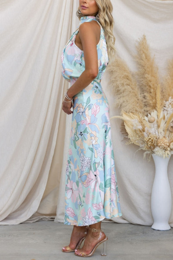 CM | Love In The Garden Maxi Vestido Floral con Cuello Halter y Cintura Elástica