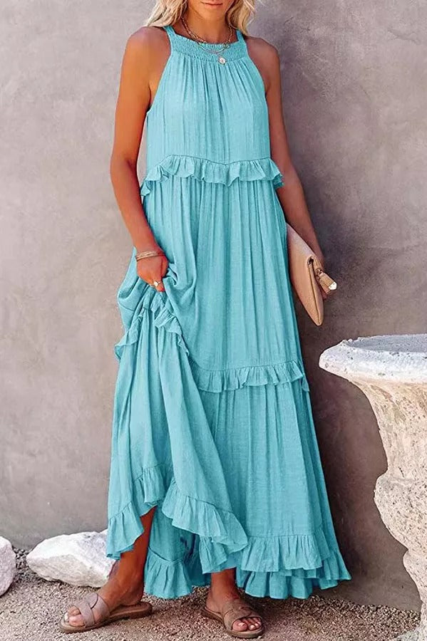 CM | Vittoria Vestido maxi halter fruncido con volantes
