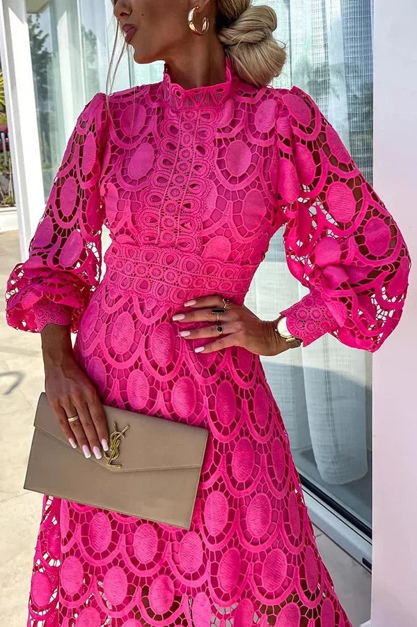 CM | Romántico, Sensual y Elegante Vestido Midi de Encaje de Crochet con Manga Farol de Fiesta