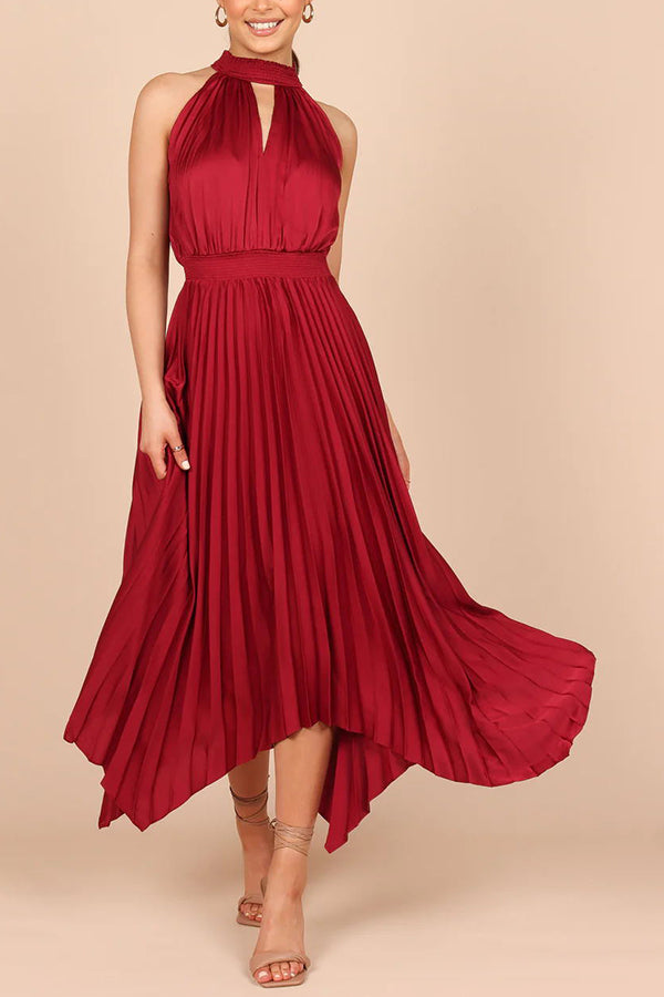 CM | Luxe Look Satén Plisado Halter Cintura Elástica Vestido Midi