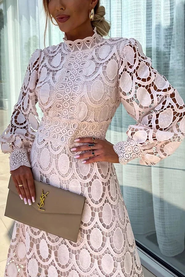 CM | Romántico, Sensual y Elegante Vestido Midi de Encaje de Crochet con Manga Farol de Fiesta