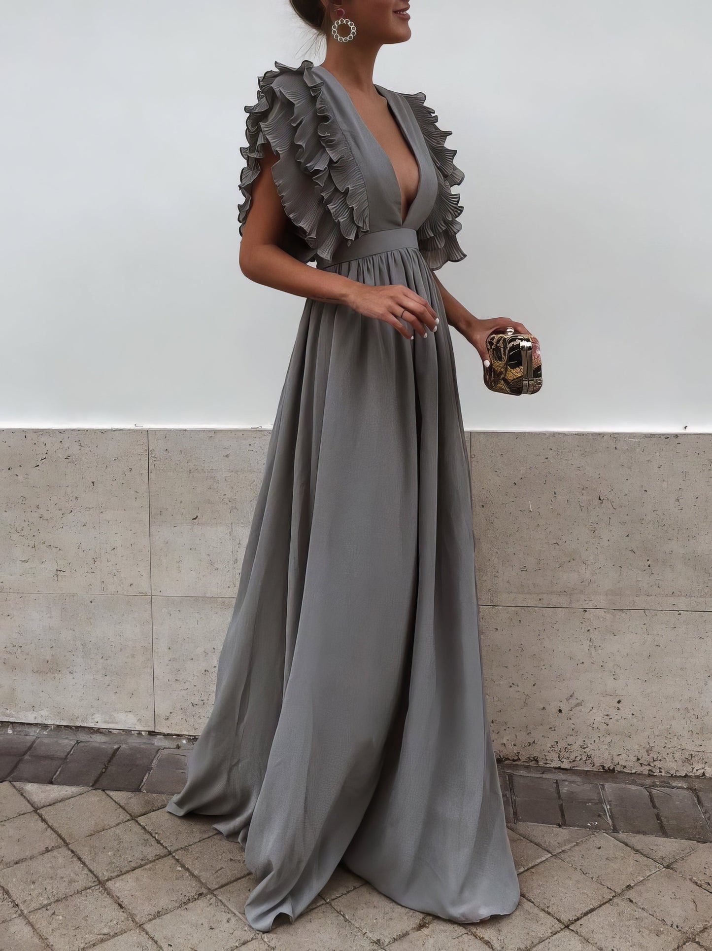 CM | Mangas Volantes Cuello en V Espalda Abierta Sólido Vestido Largo Fluido