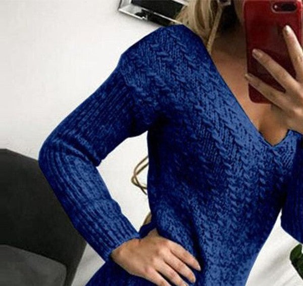 CM | Azul Vestido mini jersey monocolor con cuello en V
