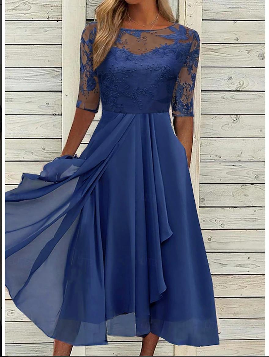 CM | Azul Escote redondo Vestido midi monocolor