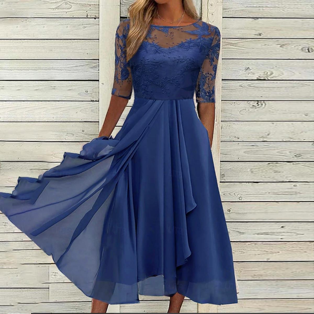CM | Azul Escote redondo Vestido midi monocolor