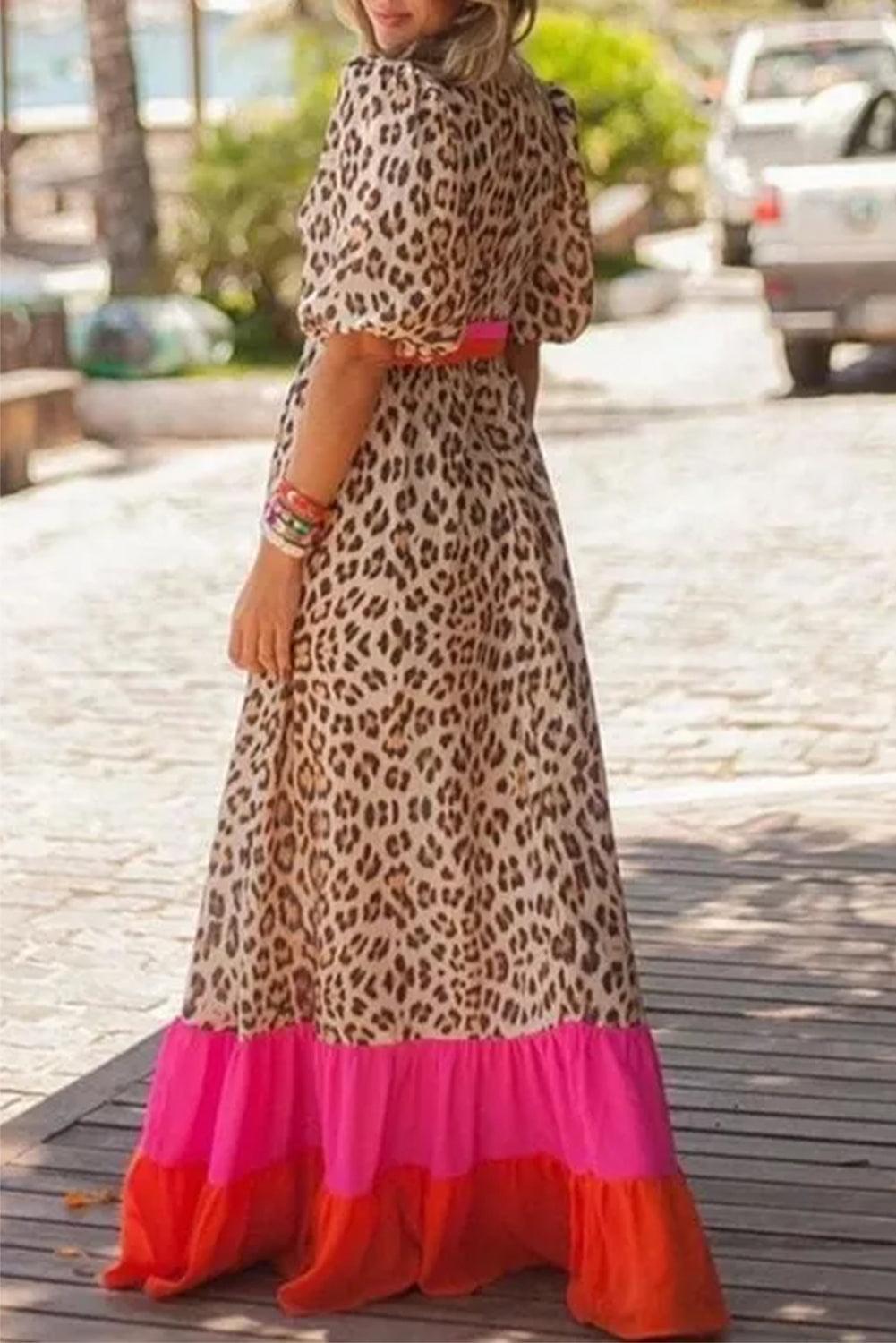 CM | Maxi vestido con estampado de leopardo y mangas abullonadas para mujer