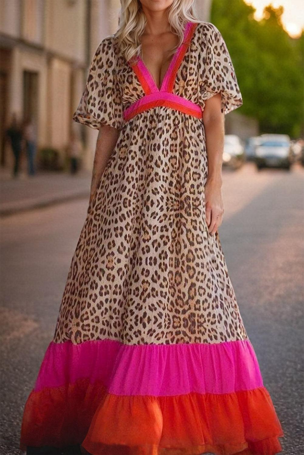CM | Maxi vestido con estampado de leopardo y mangas abullonadas para mujer