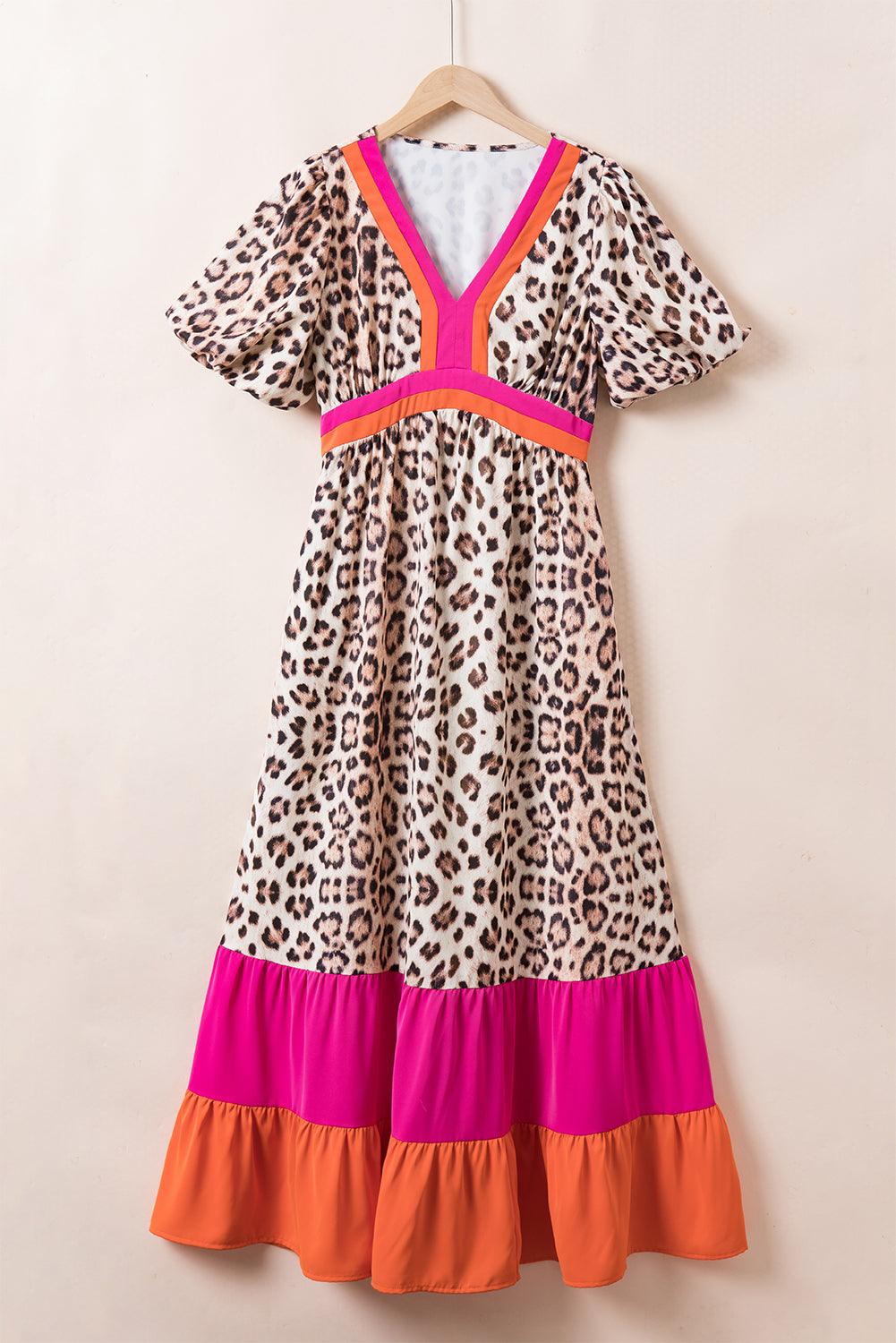 CM | Maxi vestido con estampado de leopardo y mangas abullonadas para mujer