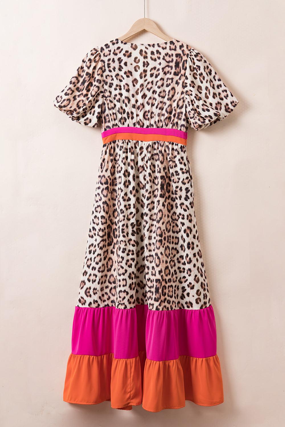 CM | Maxi vestido con estampado de leopardo y mangas abullonadas para mujer